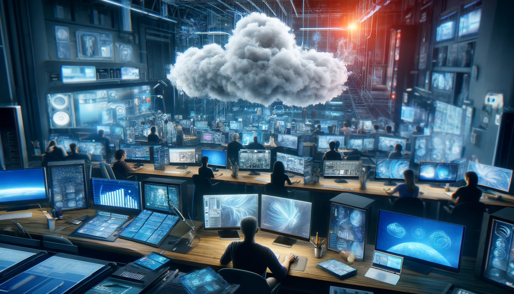 DALL·E-2024-05-30-15.15.47-An-image-depicting-cloud-based-VFX-workflows.-The-scene-features-a-modern-studio-where-artists-are-working-at-advanced-computer-workstations-connected